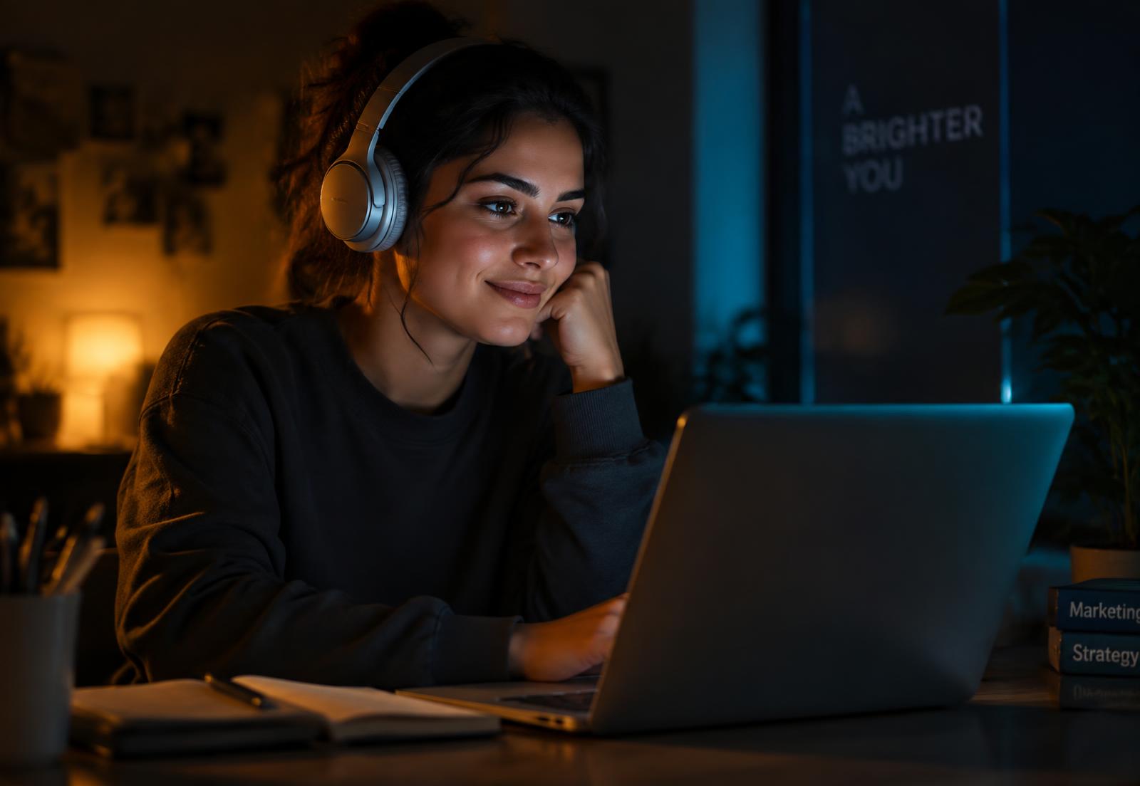 Estudiante tomando un curso online de noche